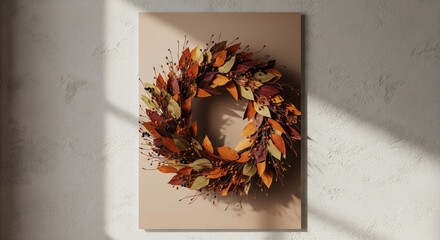 Autumnal Wreath of Brown and Orange Leaves with Small Beads on Beige Backdrop