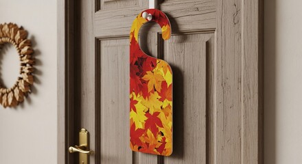 Autumn Door Hanger with Maple Leaf Pattern on Light Brown Wooden Door Interior