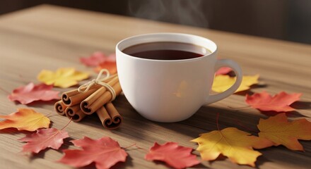 Steaming Coffee Cup with Cinnamon Sticks and Colorful Autumn Leaves on Wooden Table