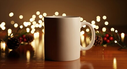 White Mug Mockup on Wooden Table with Christmas Lights and Pinecones Holiday Festive Background