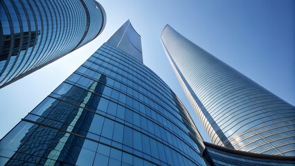 Naklejka premium Upward View of Curved Glass Skyscrapers – Architecture, Urban Design, Perspective, Symmetry, Modern Structure, Blue Sky