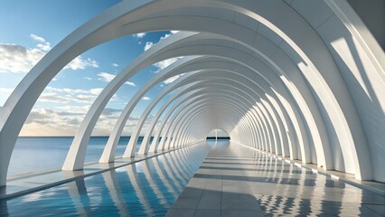 Obraz premium White Arches Over Reflective Waterway – Architecture, Minimalist, Symmetry, Light and Shadow, Scenic Design, Modern Structure