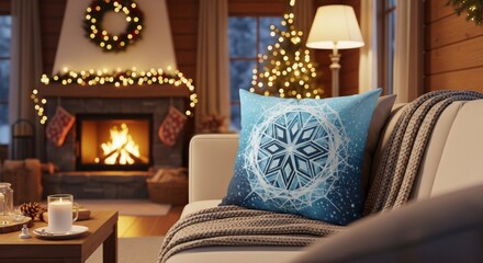 Festive Living Room Scene with Blue Snowflake Pillow and Warm Fireplace Glow