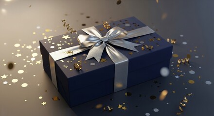 Elegant Blue Gift Box with Silver Ribbon and Golden Confetti Celebration Still Life