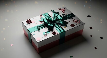 Elegant Gift Box with Teal Ribbon on White Surface with Festive Confetti