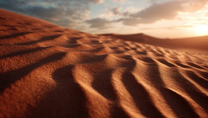 Serene sunset over rolling sand dunes, highlighting textures and shadows in a tranquil desert landscape