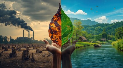 A split image showcasing environmental contrast pollution on one side and lush nature on the other