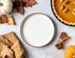 Fototapeta premium Festive Autumn Still Life with Pumpkin Pie Cinnamon and Decorative Gourds on Table
