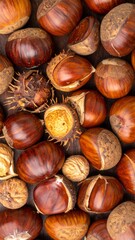 Obraz premium Pile of Shiny Brown Chestnuts on Dark Wooden Tabletop in Overhead Angle
