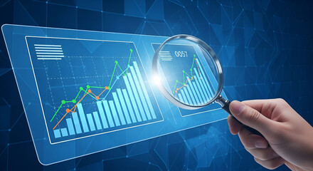 Innovative financial analysis visualization featuring a magnifying glass on data trends