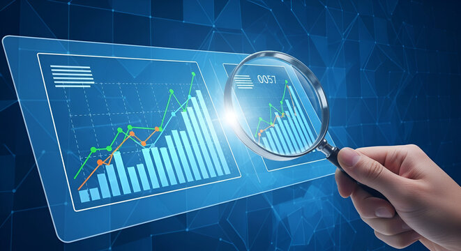 Innovative financial analysis visualization featuring a magnifying glass on data trends