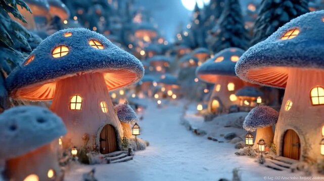 Winter mushroom village scene