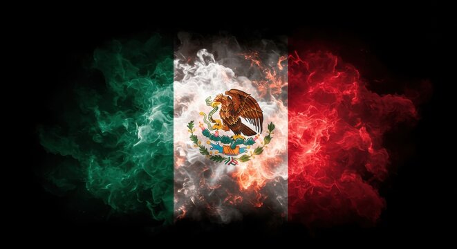 Stylized mexican flag with a central coat of arms, featuring an eagle devouring a snake, set against a backdrop of green, white, and red smoke on a black background. - Powered by Adobe