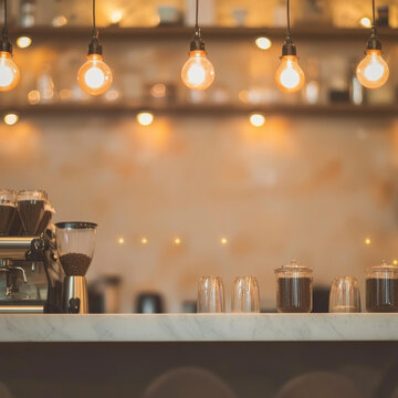 Warm cafe interior:  hanging lights, coffee beans, and espresso machine on marble counter