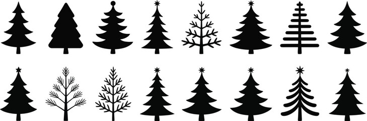 Fototapeta premium Christmas Tree Silhouette Icons – Vector Illustration of Pine Trees, Festive Winter Symbols, Minimalist Evergreen Design for Greeting Cards, Posters, Logos, Web, Branding, and Digital Creative Project