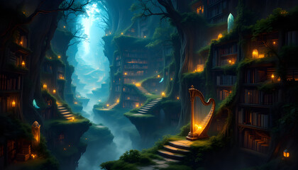 A colossal library carved into the trunk of an ancient world tree, its roots wrapping into spiral towers, branches studded with glowing crystal blossoms. 