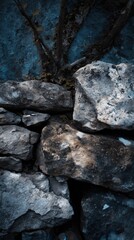 Dry-stone wall stands with a growing plant emerging from its crevices, set against a blue painted background