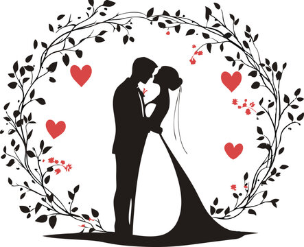 Romantic silhouette of a newlywed couple kissing inside a floral wedding wreath - Powered by Adobe