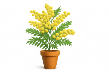 Mimosa plant displaying bright yellow blossoms, green foliage in terracotta pot, set against transparent backdrop