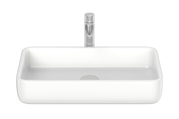 Modern white square bathroom sink with silver faucet on transparent background