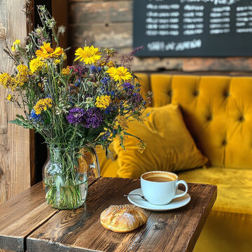 Wildflower bouquet, coffee, pastry, rustic table, yellow sofa