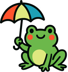 Cute Green Frog with Rainbow Umbrella Cartoon Clipart