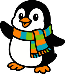 Rainbow Scarf Penguin Cartoon - Cute Winter Animal Clipart