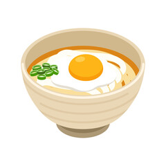 Tsukimi udon in ochre bowl - flat vector illustration, Japanese food icon