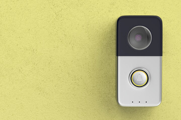Smart doorbell with camera on yellow wall