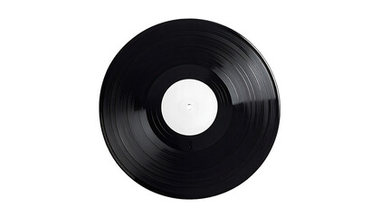 Close-up of a black vinyl record with a blank white label.  Dark background