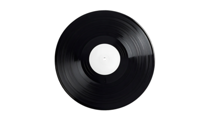 Close-up of a black vinyl record with a blank white label.  Dark background