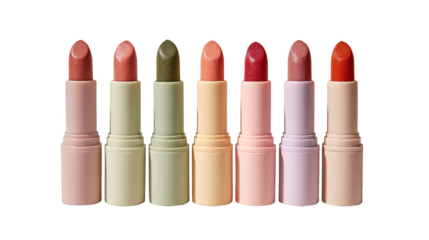 A row of six lipsticks with different colors