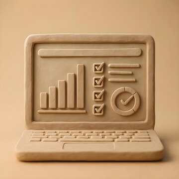 3D Clay Laptop Icon with Business Analytics and Productivity Dashboard