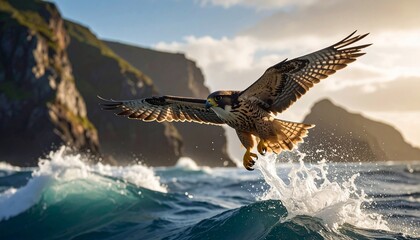 Majestic Peregrine Falcon Diving into Ocean Waves near Dramatic Cliffs