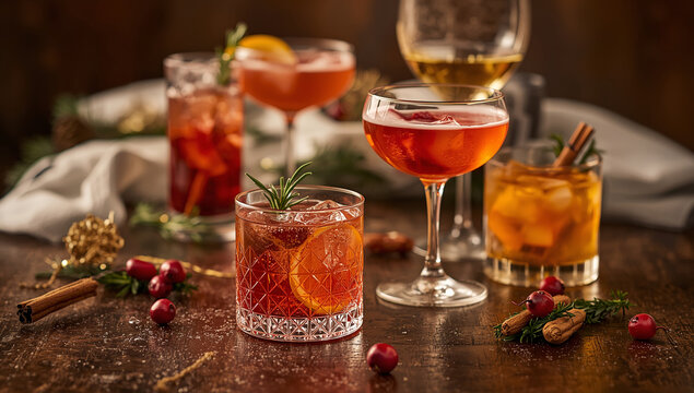 Winter cocktails and holiday drinks on a rustic table.