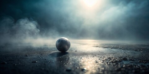 A solitary sphere rests on a damp, dark surface, shrouded in ethereal mist, bathed in a soft, hazy light.
