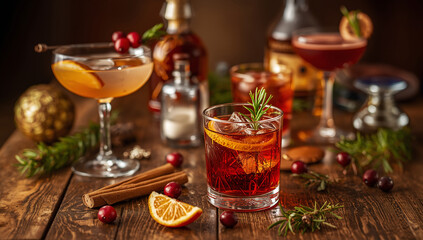 Winter cocktails and holiday drinks on a rustic table.