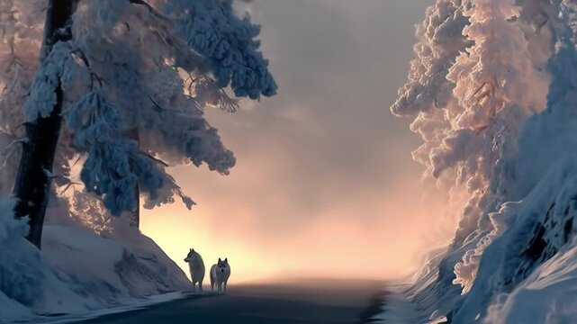 Winter wonderland road with wolves