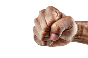A clenched fist dark background powerful hand, isolated on transparent background, perfect cutout, PNG