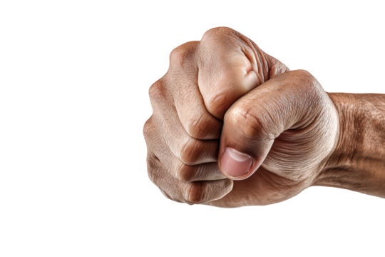 A clenched fist dark background powerful hand, isolated on transparent background, perfect cutout, PNG