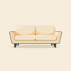 Stylish beige two-seater sofa with black frame and cushions, modern flat design furniture illustration on light background 
