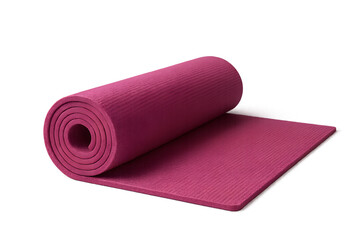 A vibrant yoga mat in a pink color with a rolled-up design, ideal for home or gym workouts, showing a minimalistic and sleek look
