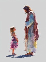 Naklejka premium Soft and Simple Watercolor of Jesus Guiding a Girl on White Background.