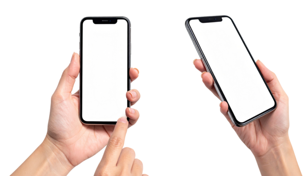 Two hands hold smartphones with blank screens