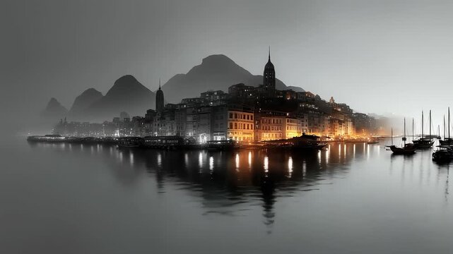 Tranquil Water Reflecting City Architecture Night Scene