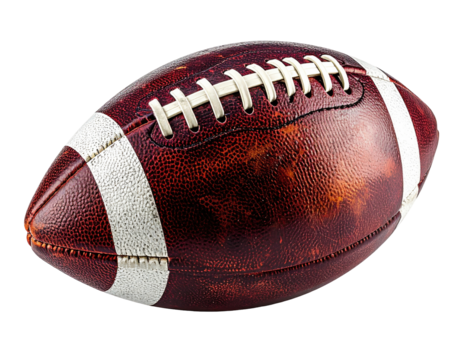 Close-up of a worn American football.  Leather, brown,  showing use,  stitched seams,  white stripes