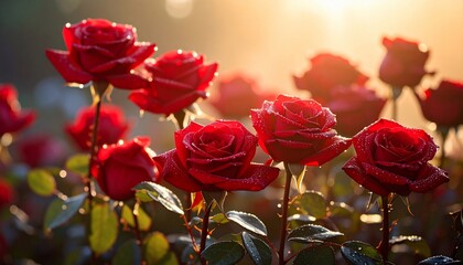 Radiant Red Roses at Sunrise: A Symphony of Dew-Kissed Petals