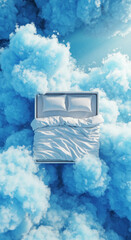 A bed among blue clouds.	