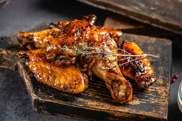 Grilled chicken wings with herbs on rustic wooden board
