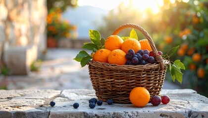 Sunlit Orchard Bounty: A Basket of Fresh Oranges, Grapes, and Blueberries